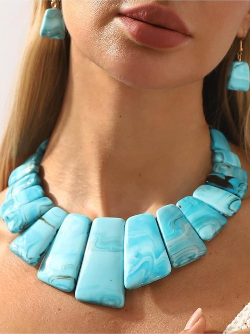 Vintage Blue Marbled Statement Necklace and Earrings Set